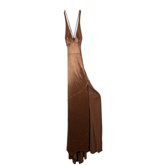 Windsor Copper Satin Formal Gown ✨ Criss Cross Back + Faux Fur Stole NWT - Picture 2 of 8